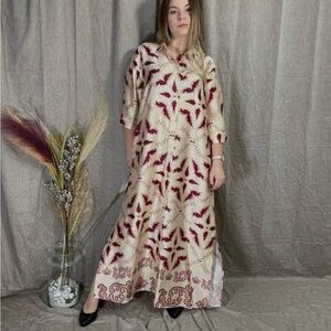 Cream & Burgundy Printed Maxi Dress - Relaxed Button-Front Women's Maxi